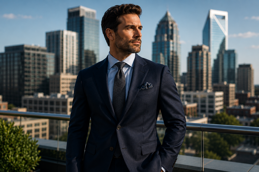 Man wearing a tailored navy custom suit overlooking the Charlotte skyline from an upscale rooftop setting.