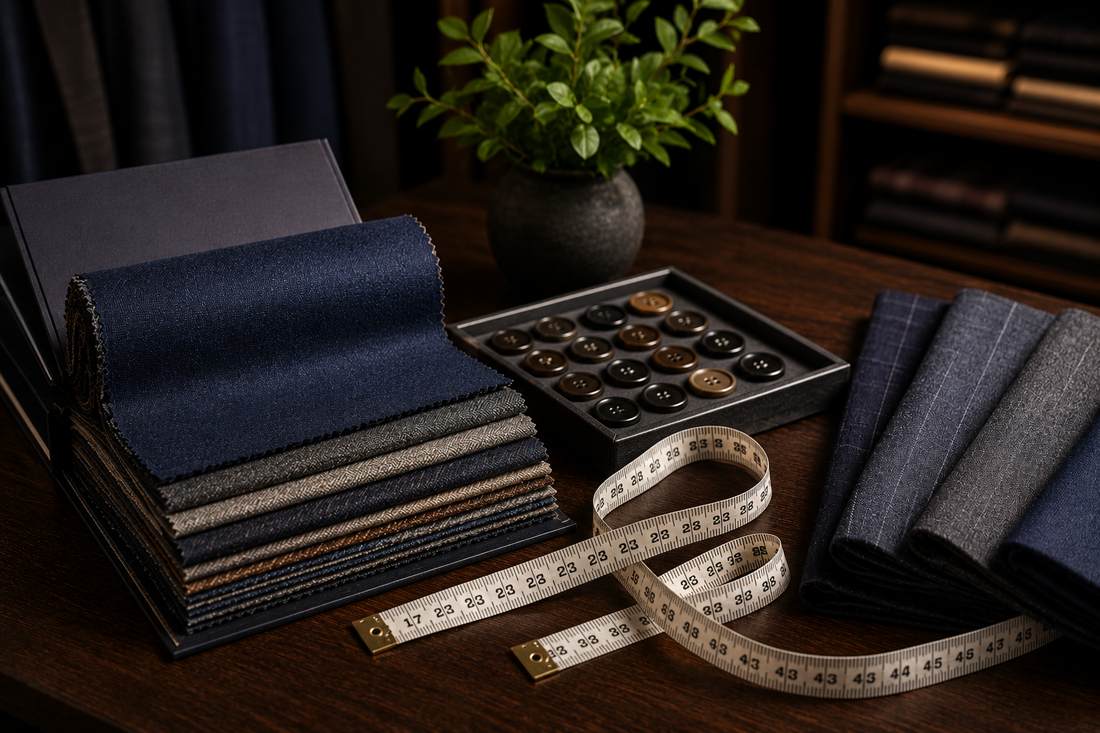 Luxury fabric swatches, tailoring tools and premium menswear materials displayed on a dark wood table during a custom suit consultation.