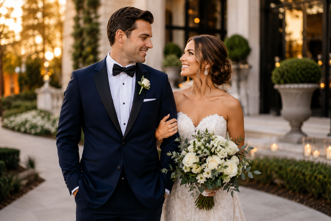 Bride and groom at an upscale Charlotte wedding with groom wearing a custom midnight navy tuxedo.
