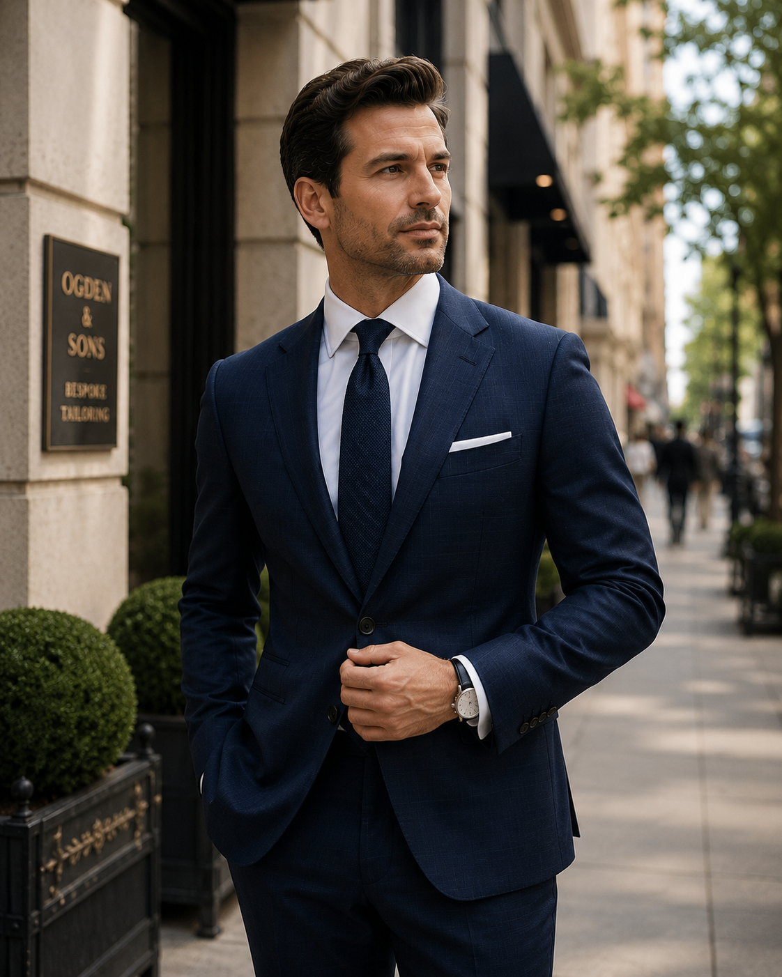 Business professional wearing a tailored navy custom suit in SouthPark Charlotte. 