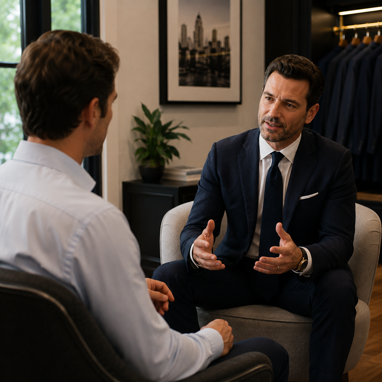 Custom clothier meeting with a client during a private suit consultation