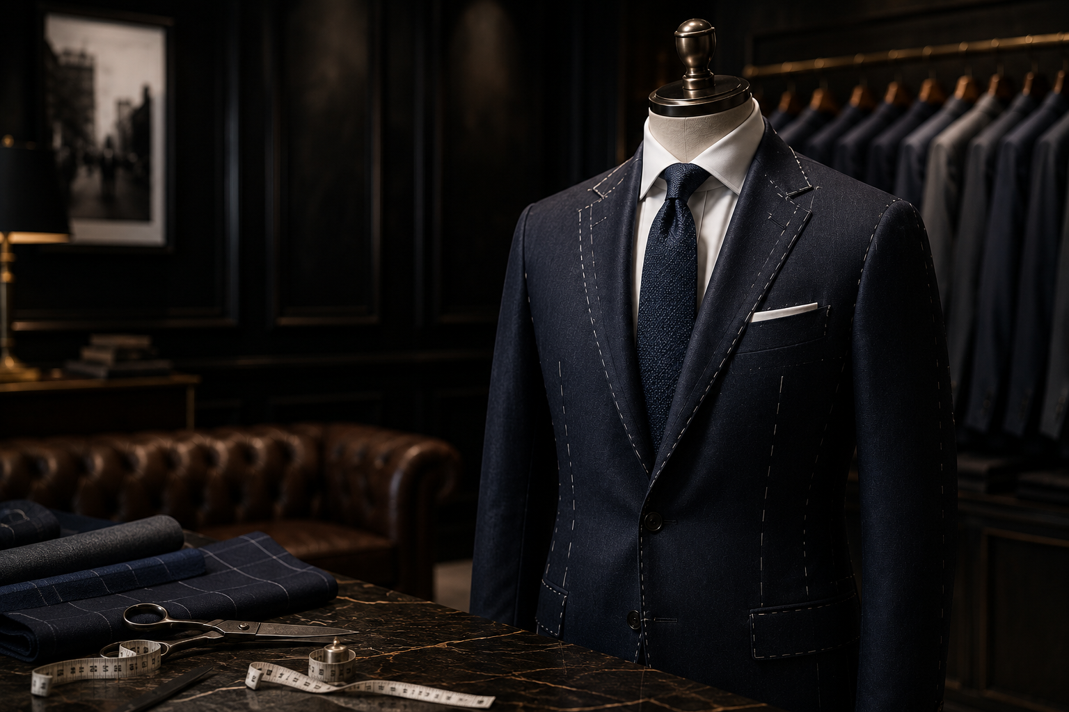Custom navy suit on a mannequin in a stylish room with leather furniture and clothing racks.