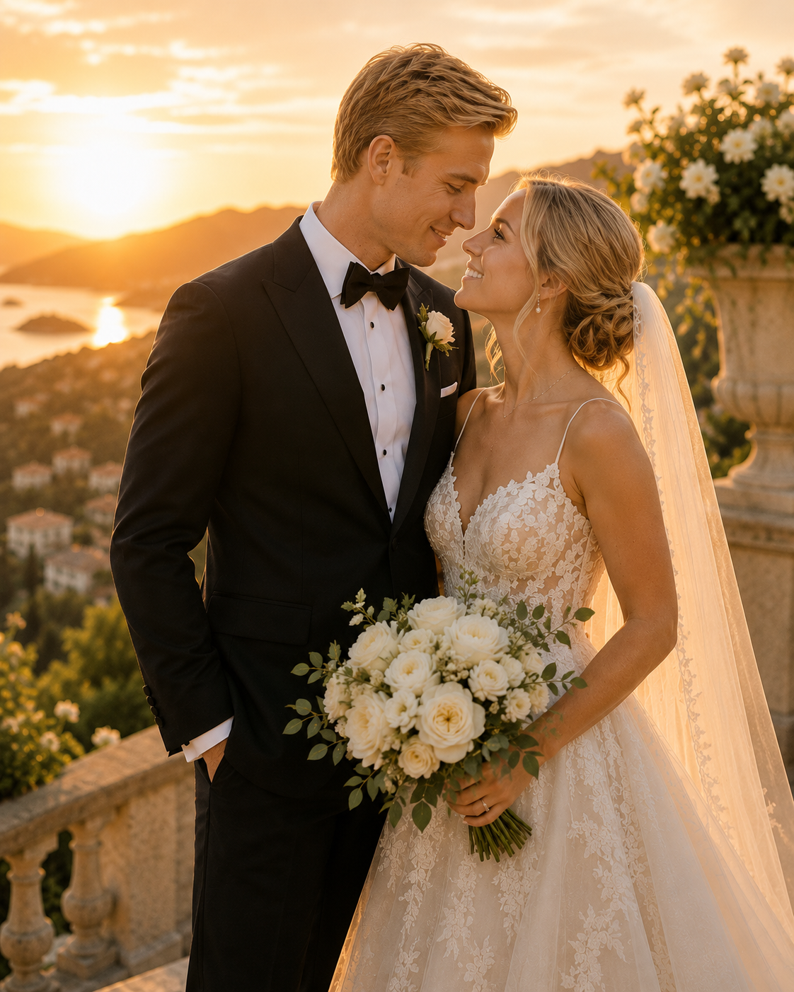 Bride and groom wearing custom tuxedo during golden hour at an elegant outdoor wedding.