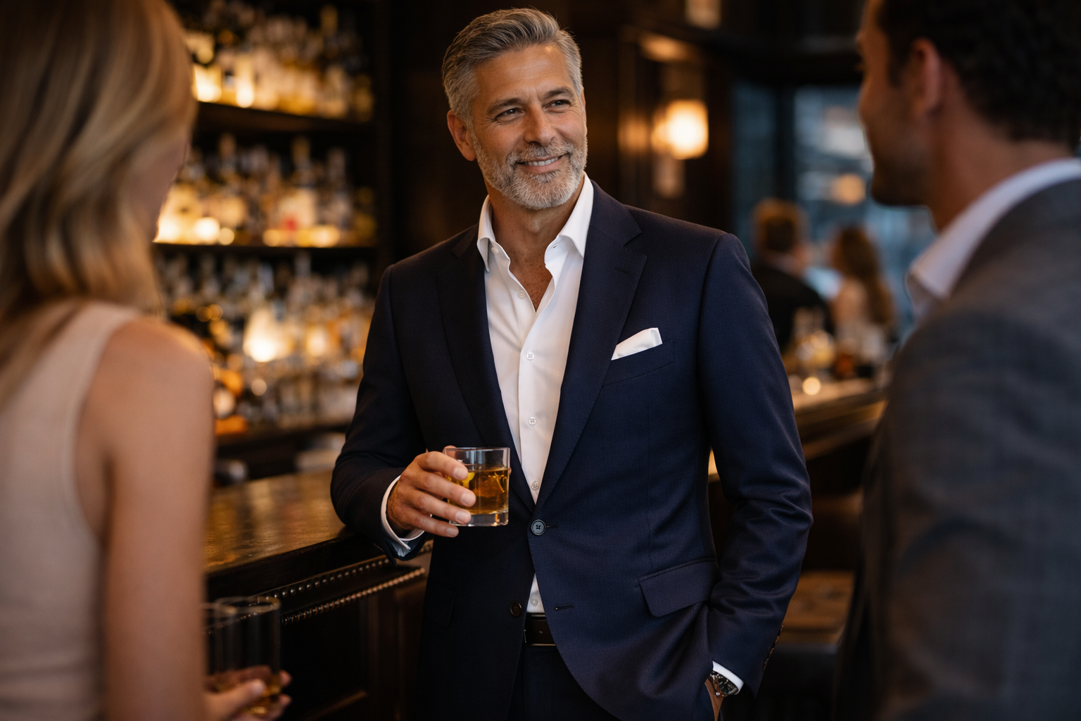 Professional man in custom navy suit at upscale cocktail lounge in Charlotte NC