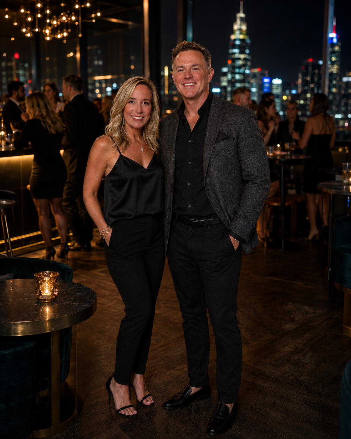 Couple wearing elevated custom clothing during an upscale evening social event in Charlotte.