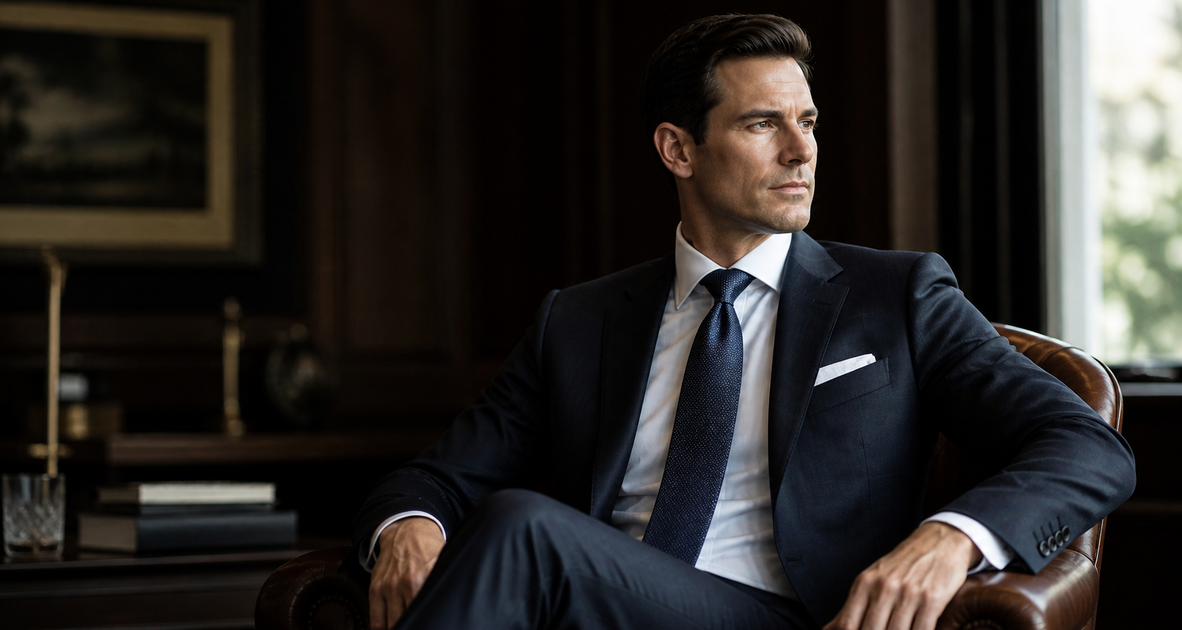 Custom navy suit and tie for professional menswear fitting in Charlotte NC