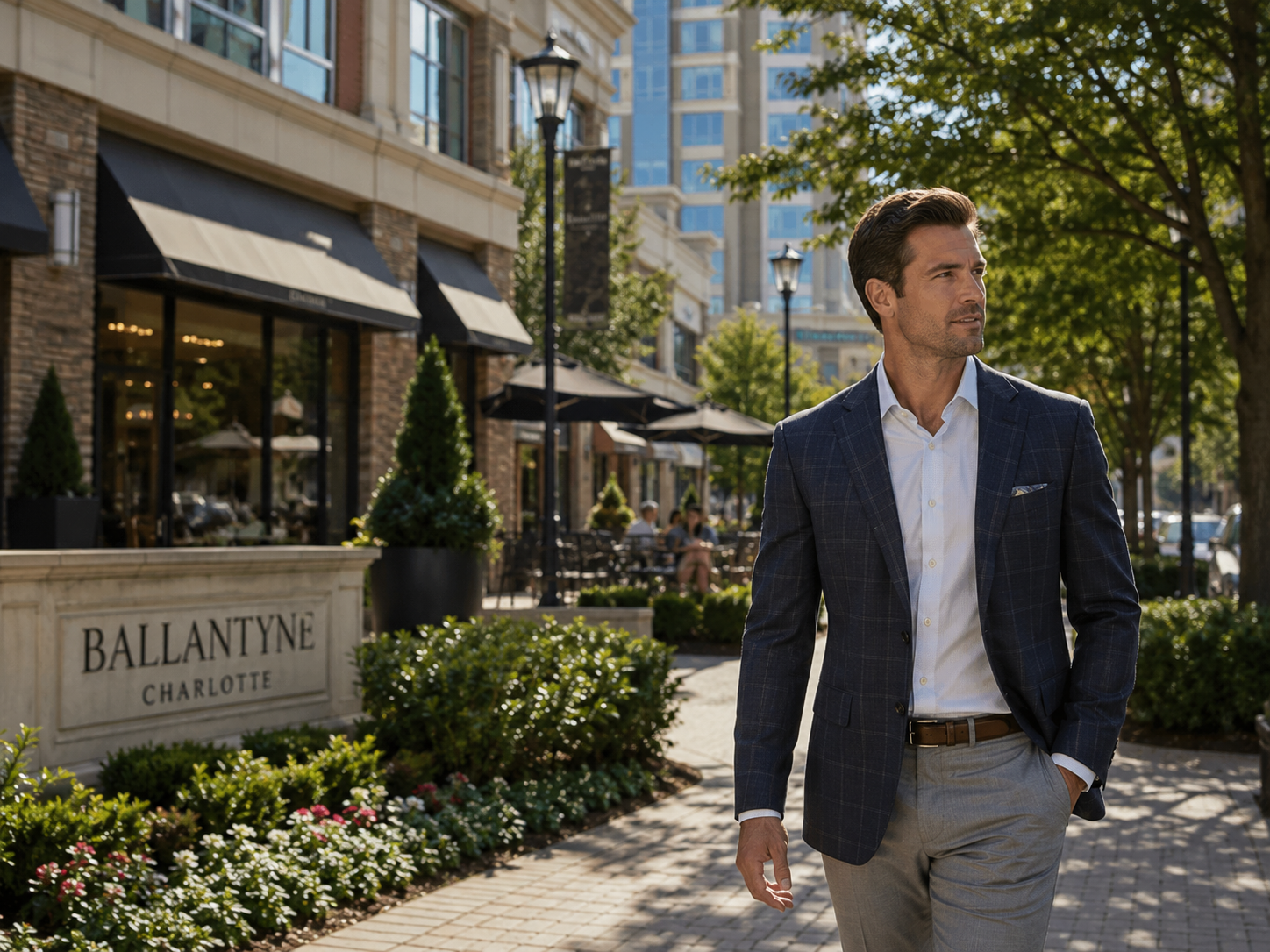 Well-dressed man in a navy sport coat walking through the upscale Ballantyne district in Charlotte near restaurants and luxury retail shops