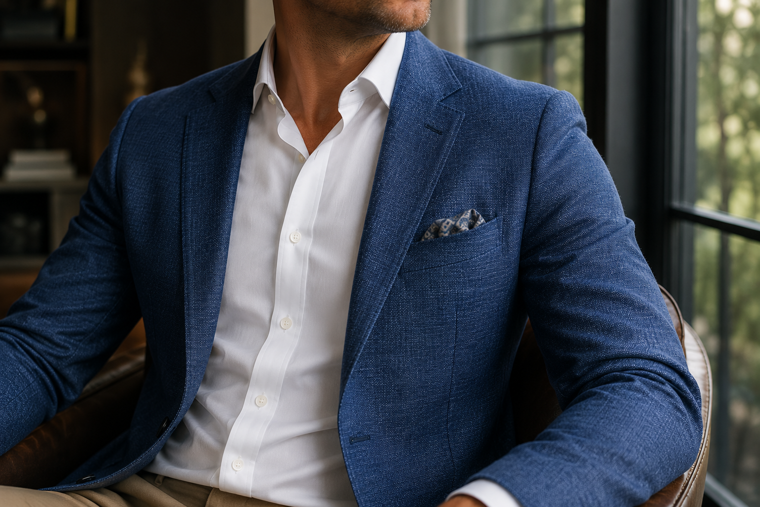 Blue windowpane sport coat with white dress shirt for custom casual menswear in Charlotte NC