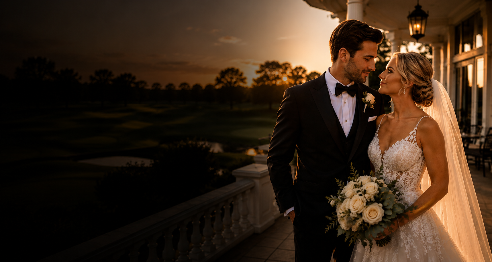 Bride and groom in formal wedding attire at sunset on a country club veranda in Charlotte.