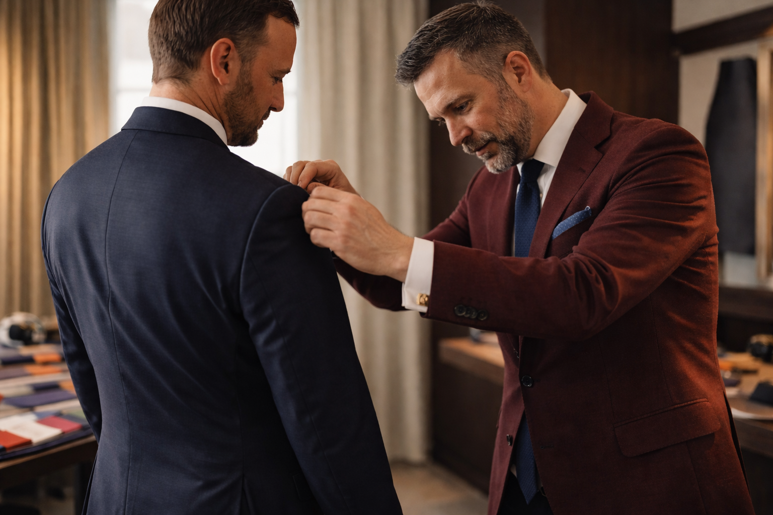 Man adjusting another man's custom suit jacket in a room with a mirror and clothing items.