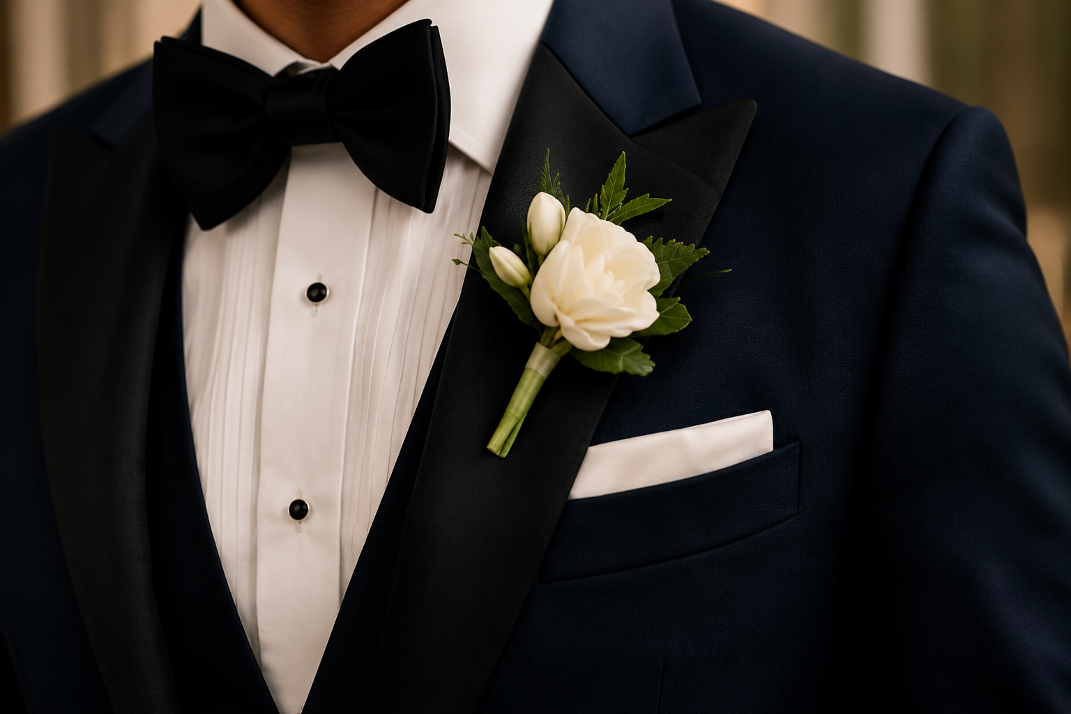 Black custom tuxedo with satin lapel and white boutonniere for charlotte wedding formalwear 