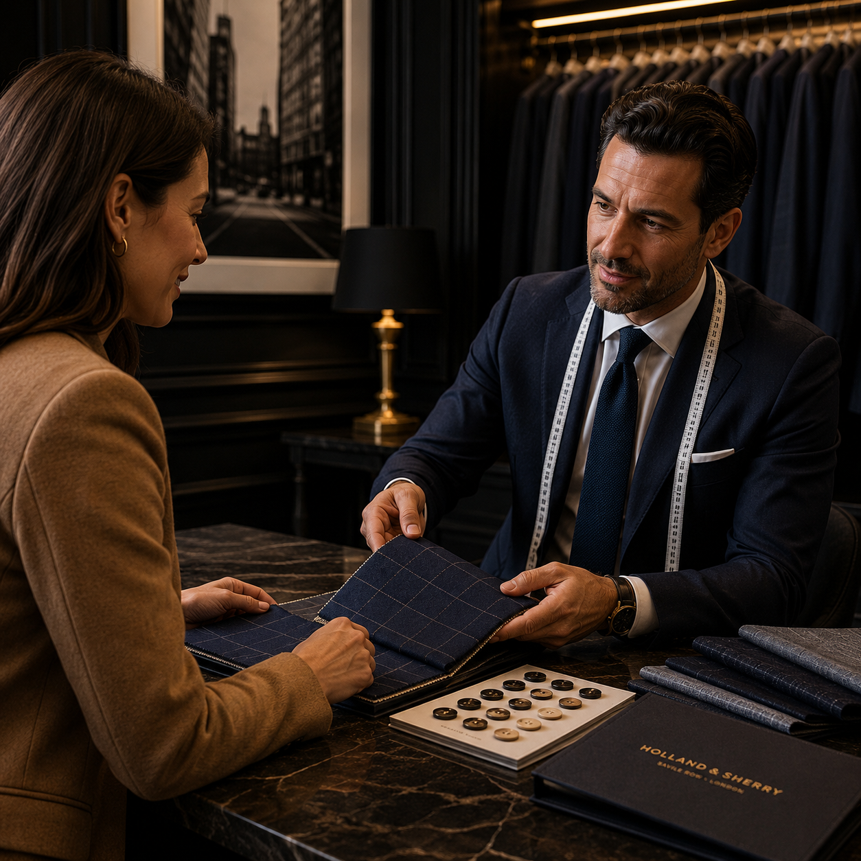 Custom clothier reviewing fabric selections and design details with a client during a private fitting in Charlotte