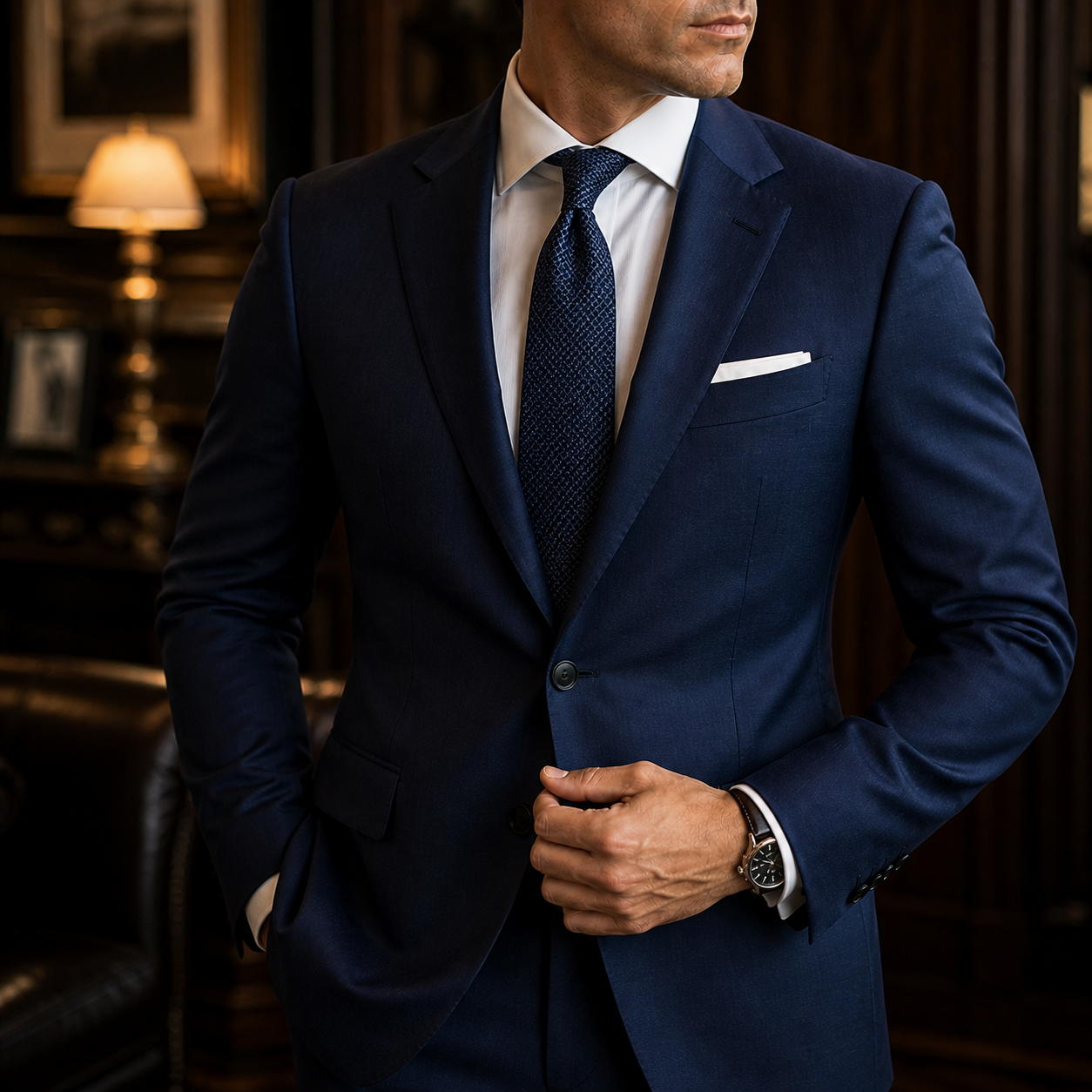 Custom navy business suit and tie for professional menswear in Charlotte NC