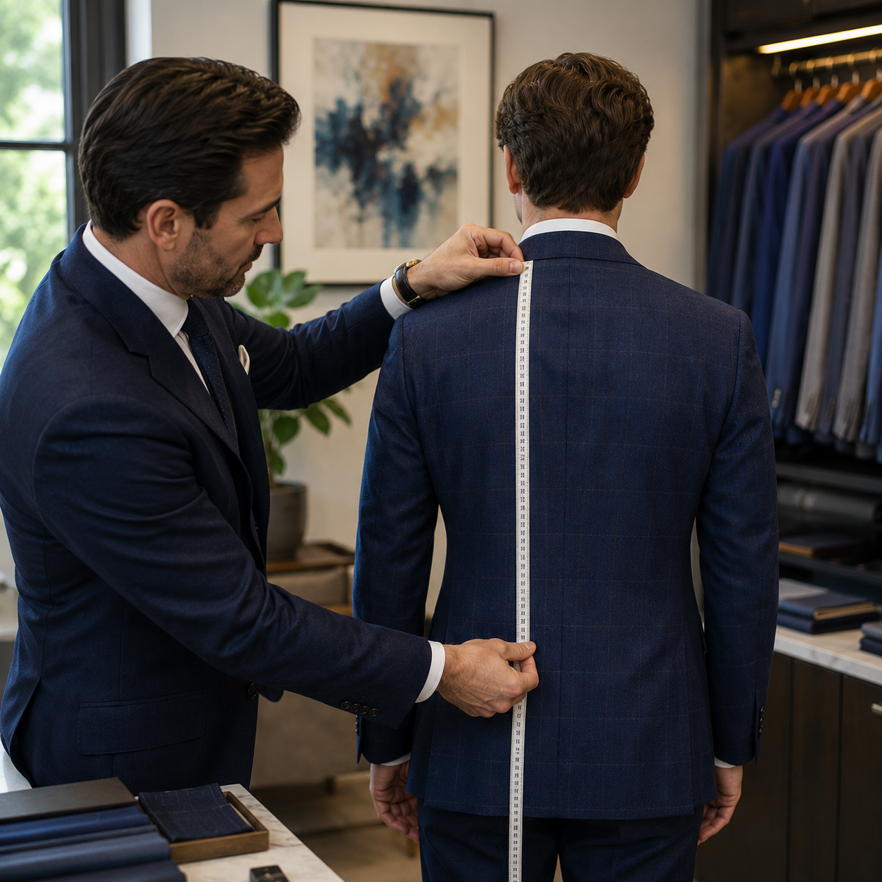 Custom clothier measuring a customer for a bespoke suit in a private fitting.
