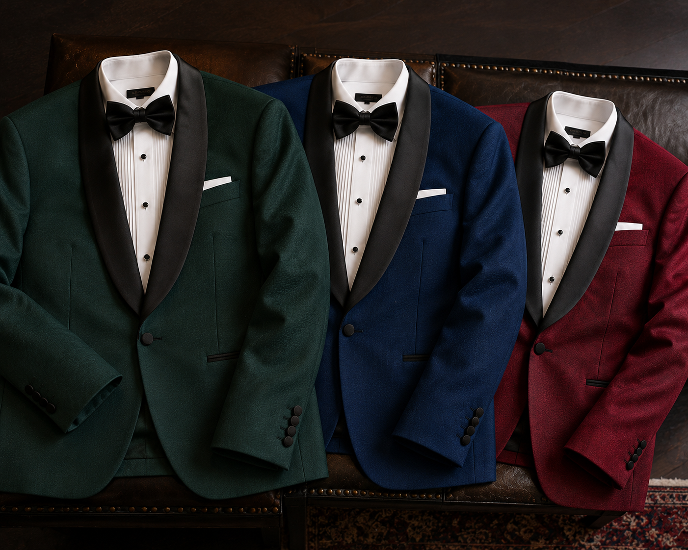 Group of formal tuxedos in festive colors displayed for black tie wedding events.