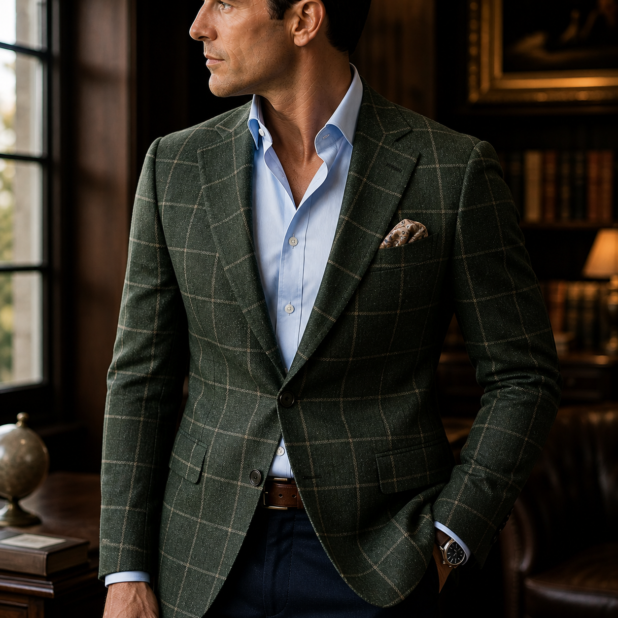 Green windowpane sportcoat with custom menswear styling in Charlotte NC