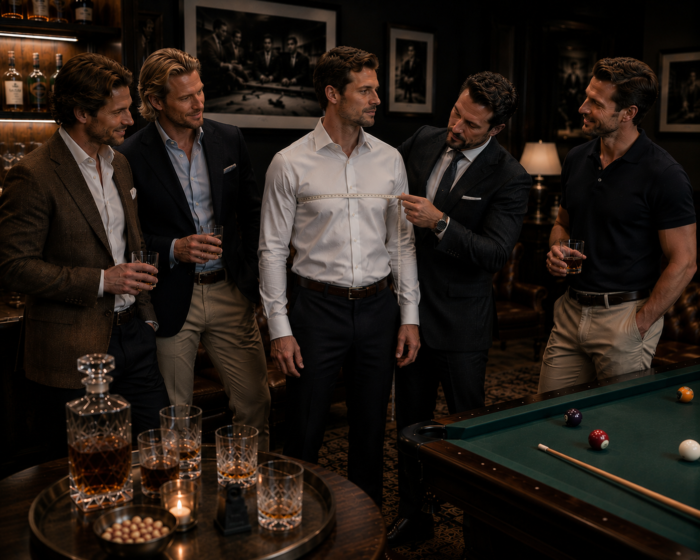 Groomsmen enjoying a private wedding fitting event with cocktails and pool tables in an upscale lounge setting.