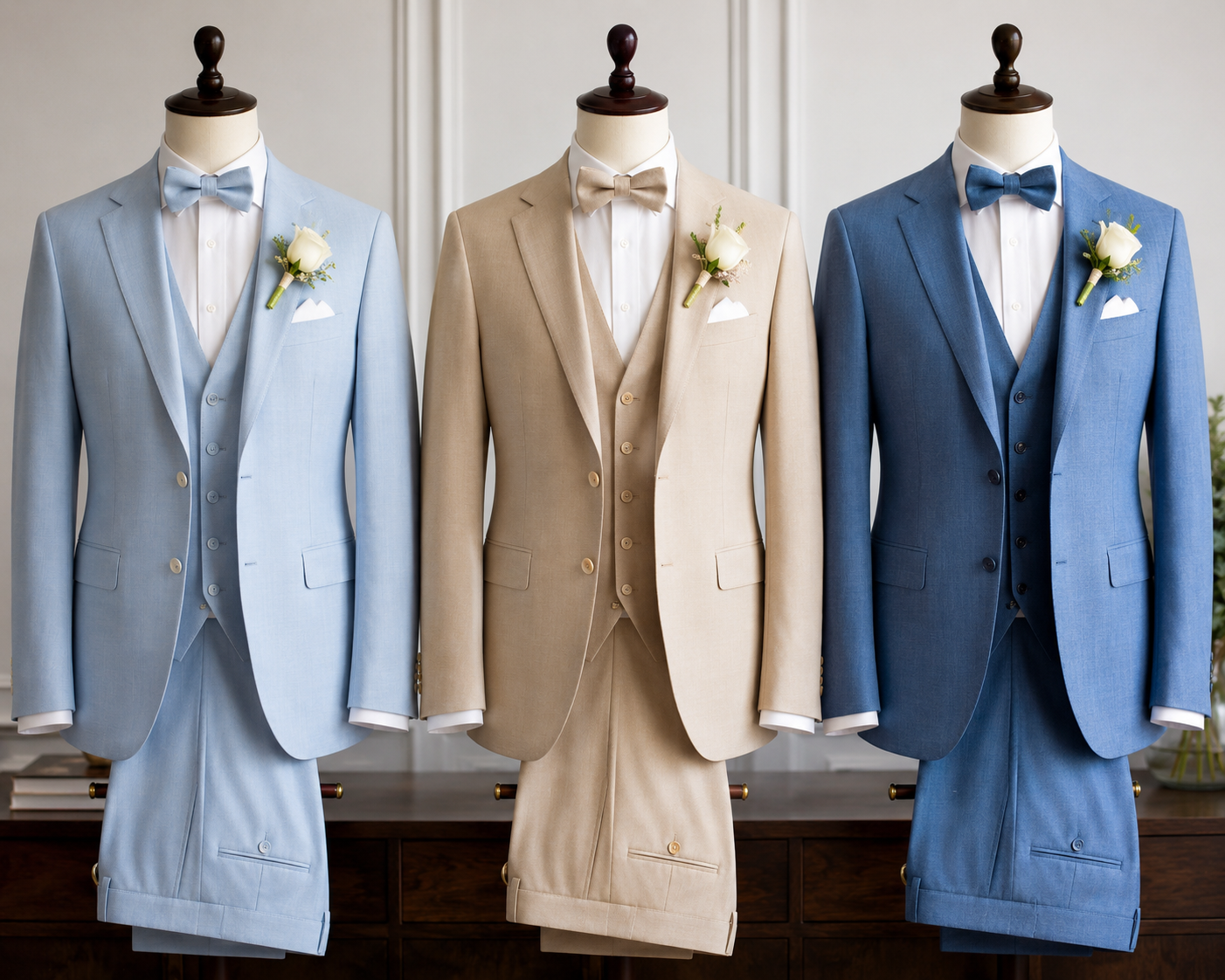 Light blue, tan and medium blue custom wedding suits displayed together.