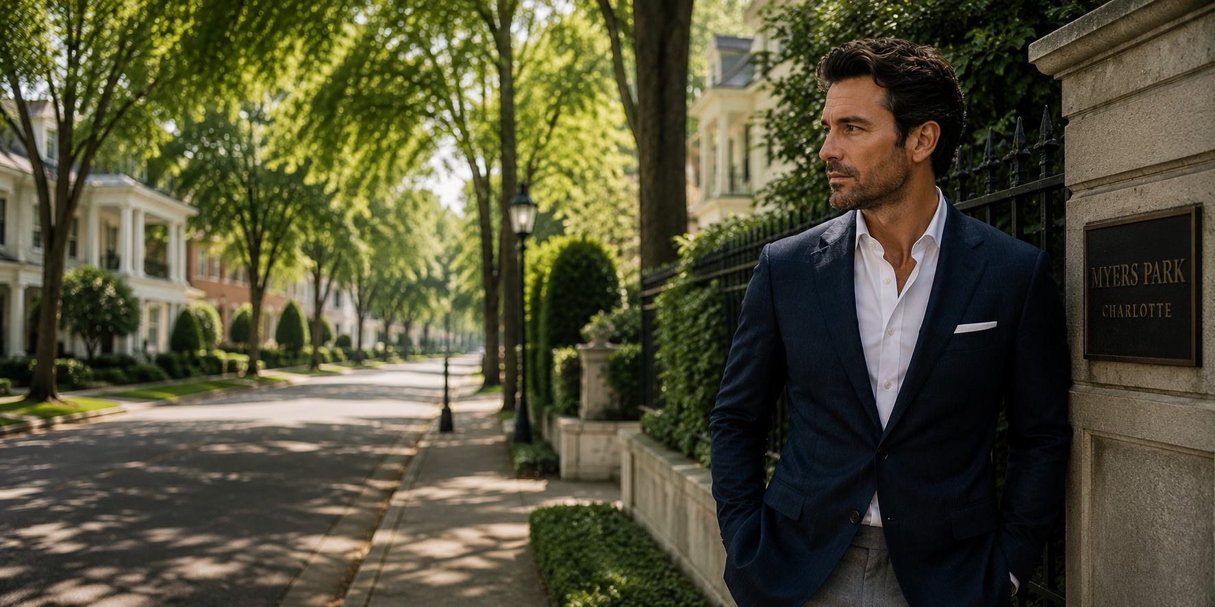 Professional man in a navy blazer standing on a tree-lined street in Myers Park Charlotte