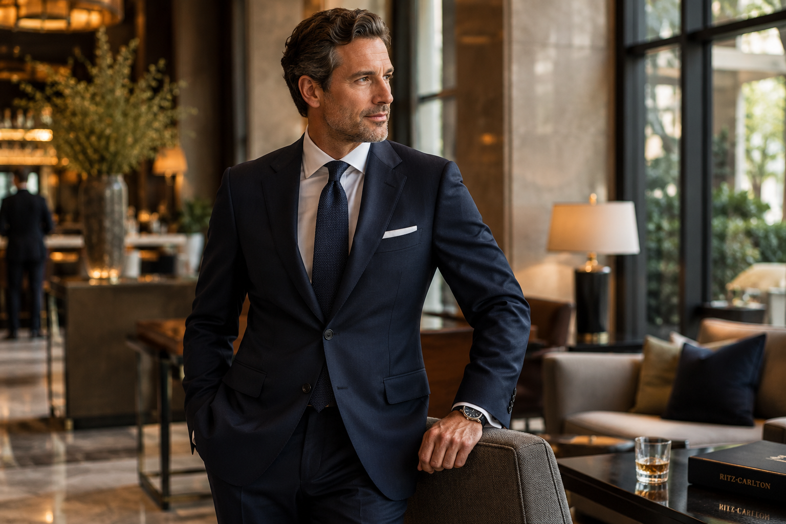 Professional man in navy custom suit inside upscale SouthPark Charlotte hotel lounge