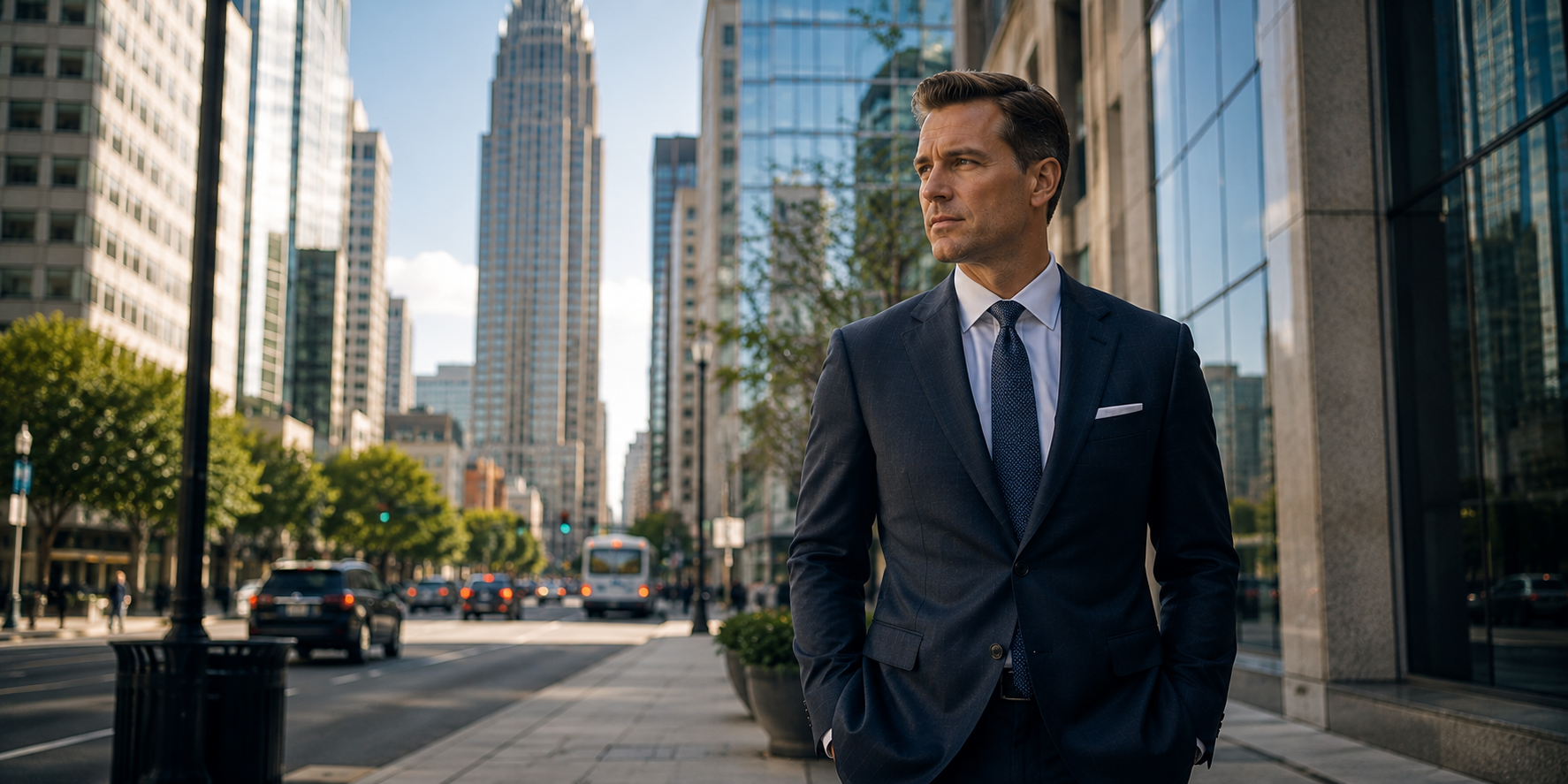 Professional man in a custom navy suit in Uptown Charlotte business district.